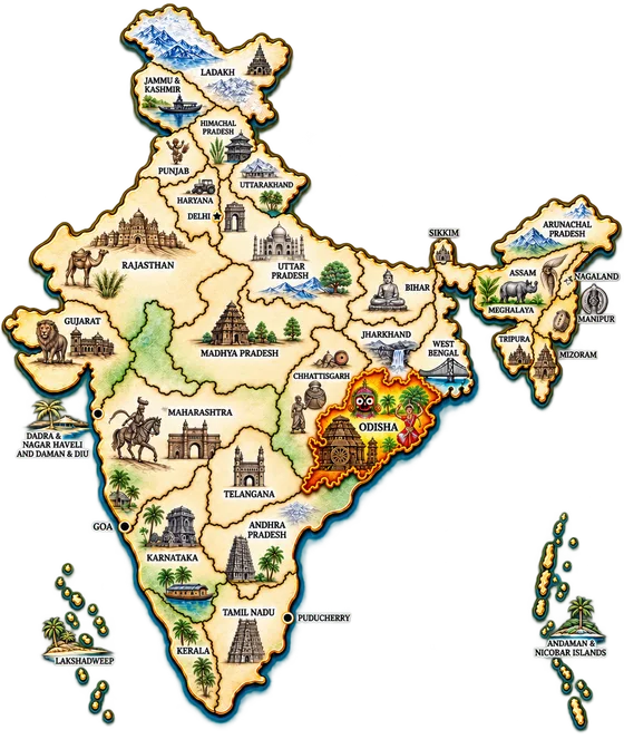 Map of India highlighting Odisha